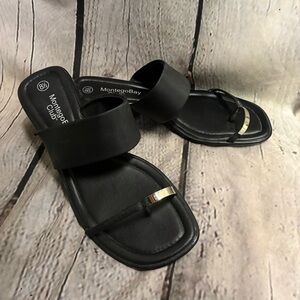 Montego Bay Club Women’s Black Wedge Slide On Sandals Silver Toe Ring Size 8.5